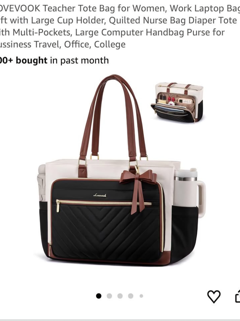 Women's Quilted Black & Cream Tote with Brown Trim